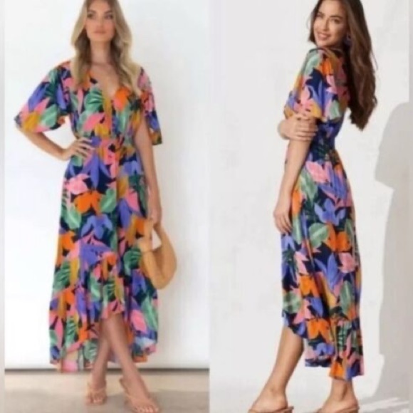 Abel The Label Anthropologie Tropical Multicolor Palm Leaf Dress Size Small - Picture 2 of 14